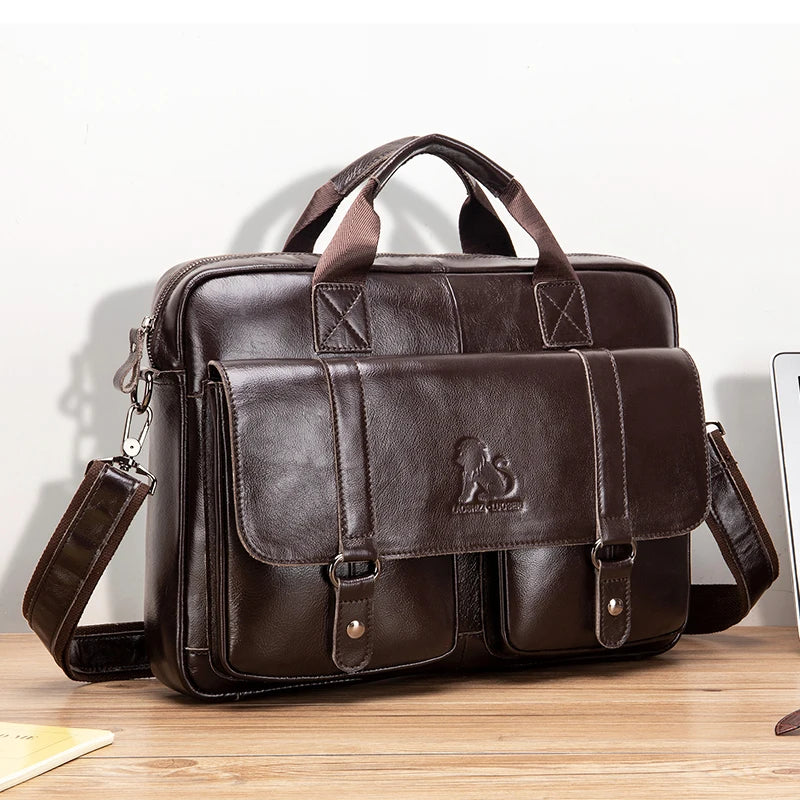 Genuine Leather Men Briefcase Double Front Pockets Large Capacity Laptop Bag Diagonal Cross Shoulder Handbag