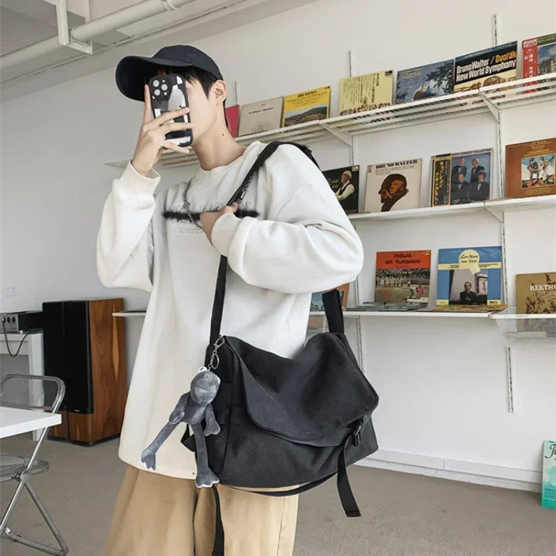 Large Capacity Canvas Messenger Bag Adjustable Shoulder Strap Casual Crossbody Handbag School Daily Bag for Youth Girls Men-5