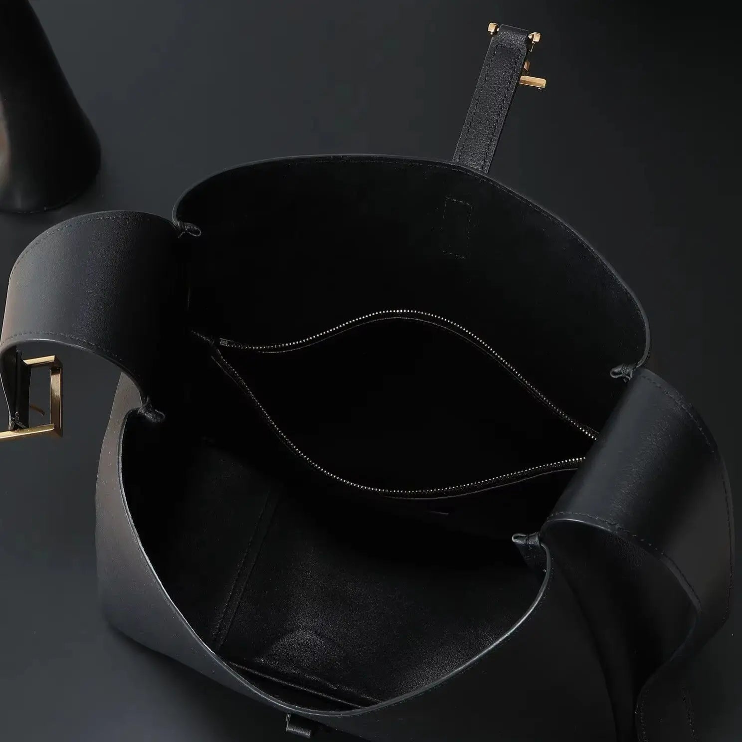 Large black soft-grain leather shoulder tote, with an adjustable wide strap and an open-top design.-3