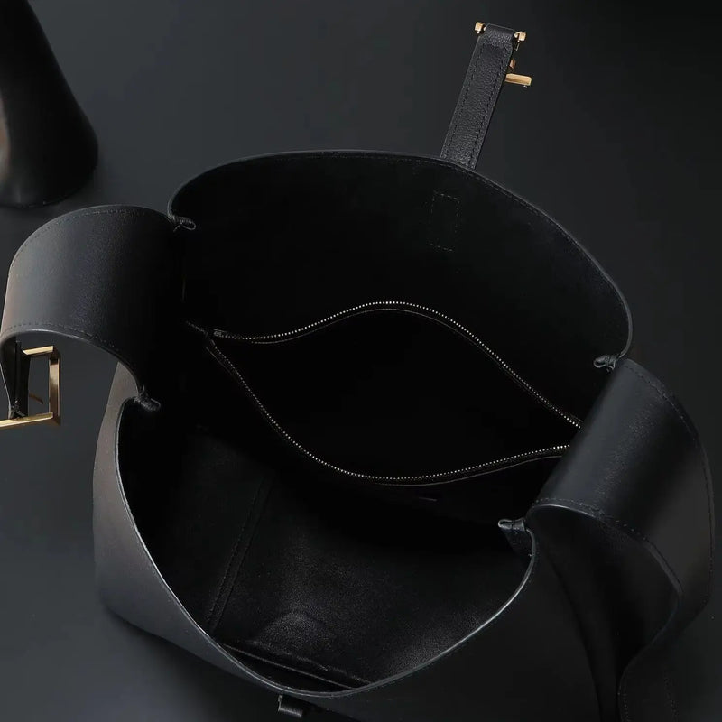 Large black soft-grain leather shoulder tote, with an adjustable wide strap and an open-top design.-3