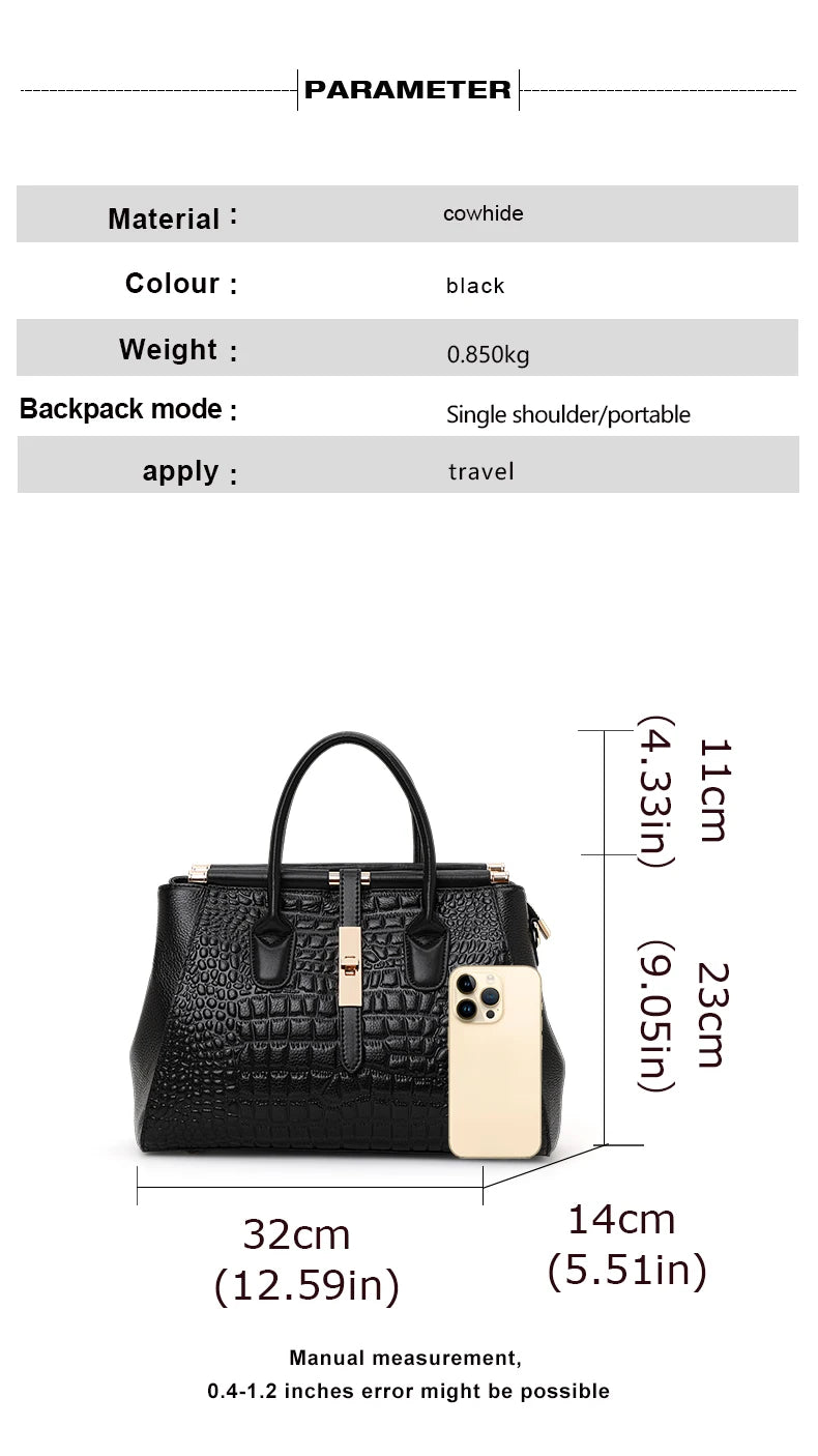 Classic Black Croc Print Cow Leather Handbag Ladies Metal Twist Lock Tote Bag With Detachable Crossbody Shoulder Strap-11