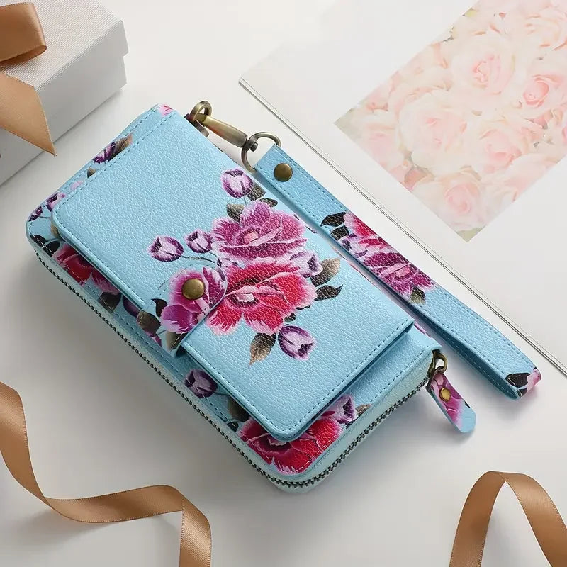 Elegant Floral PU Leather Clutch Wallets for Women- Zipper Handbag Fashion Large Capacity Long Wallet Clutch Bag Phone Bag Multi-card Card Holder Coin Purse for Women Wallet Set Includes bow accessory-10
