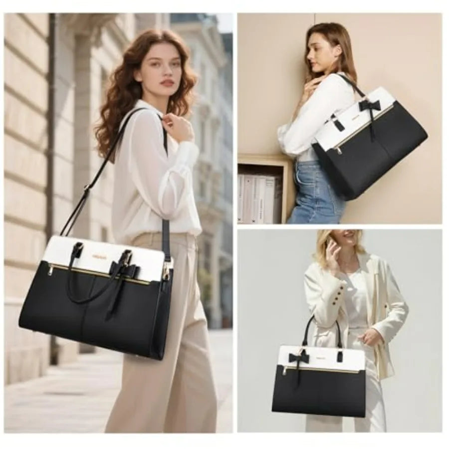 Laptop Tote Bag for Women, 15.6 inch Waterproof PU Leather Work Bag with Clutch Purse and Bowknot, Large Capacity Handbag Shoul-2