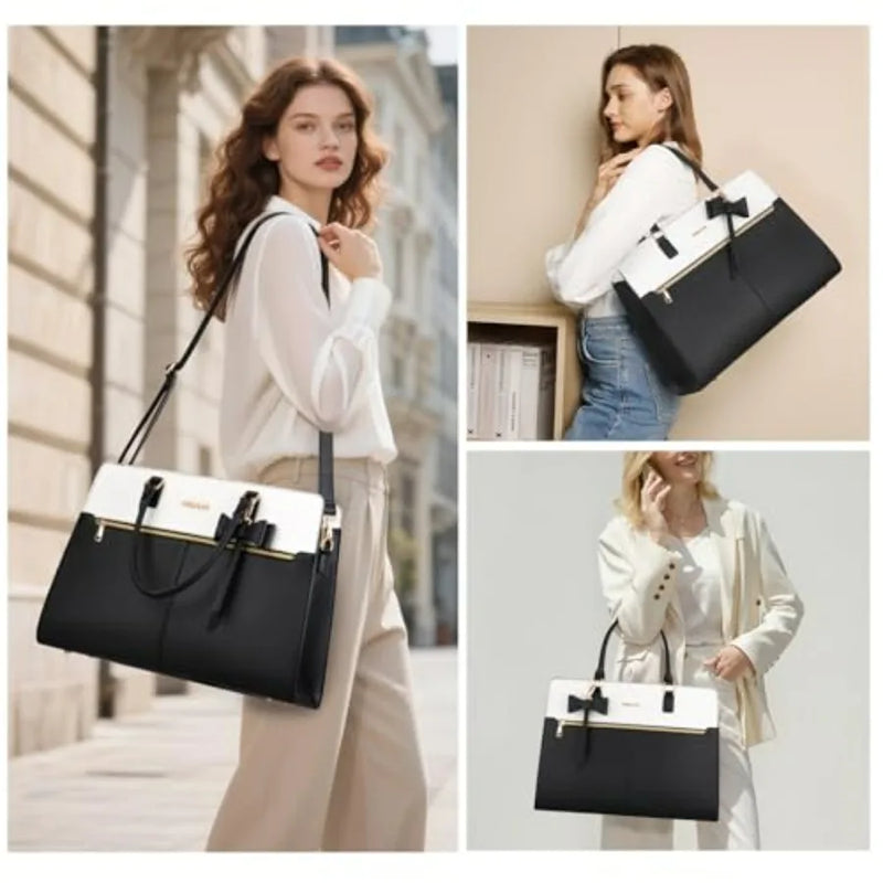 Laptop Tote Bag for Women, 15.6 inch Waterproof PU Leather Work Bag with Clutch Purse and Bowknot, Large Capacity Handbag Shoul-2