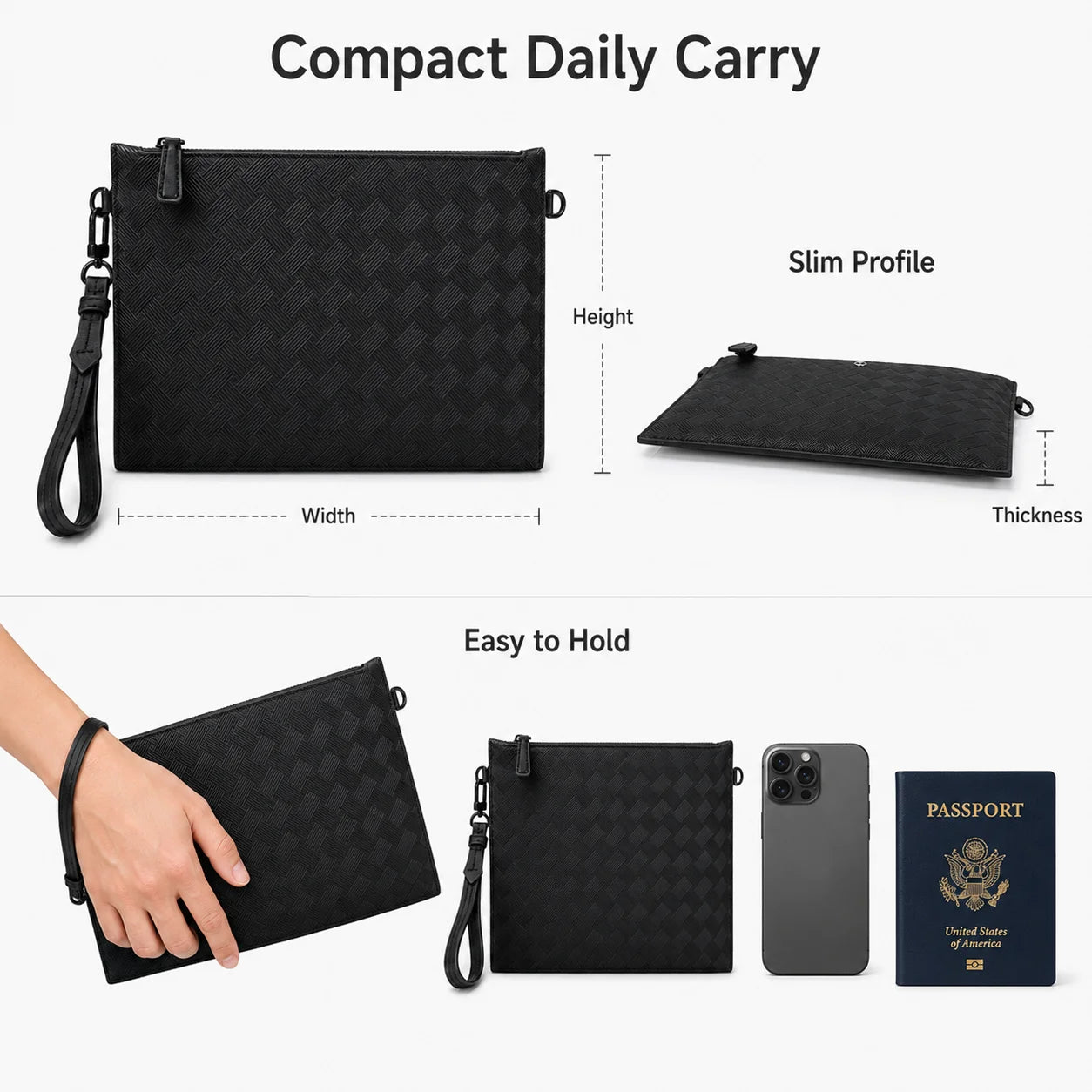 Men's Clutch Bag Luxury Designer Woven Leather Wristlet Handbag Black Business Envelope Purse Large Capacity Zipper Premium Hand Bag For Man Daily & Office Use-14
