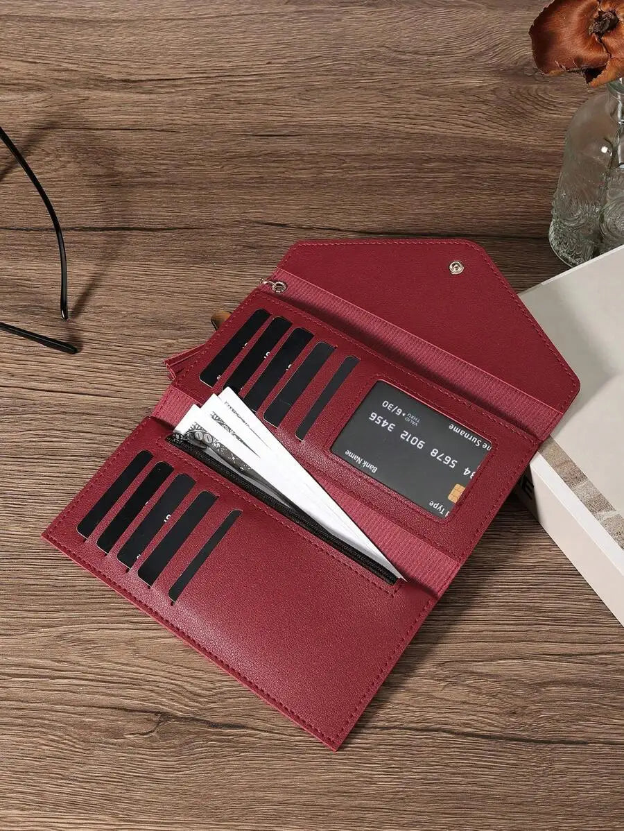 Red Fold Over Women Wallet Large Capacity Credit Card Zipper ID Cash Storage Business Casual-4