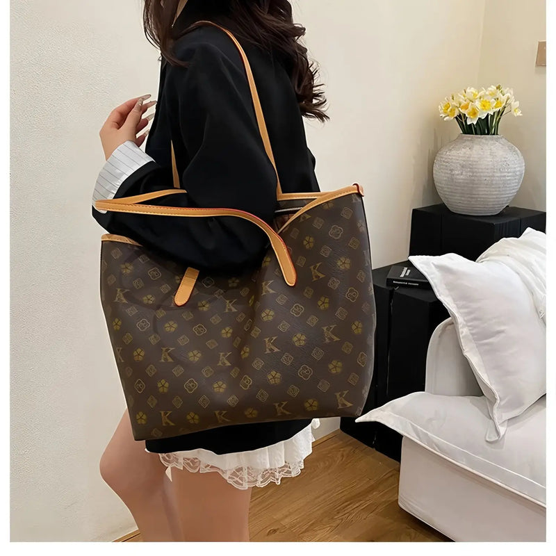 Vintage large tote bag, natural brown leather, double top handles, roomy shoulder bag.-6