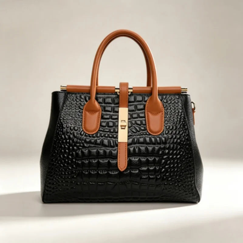 New Croc Pattern Cowhide Tote Bag Women Brown Contrast Handle Metal Lock Adjustable Crossbody Daily Handbag