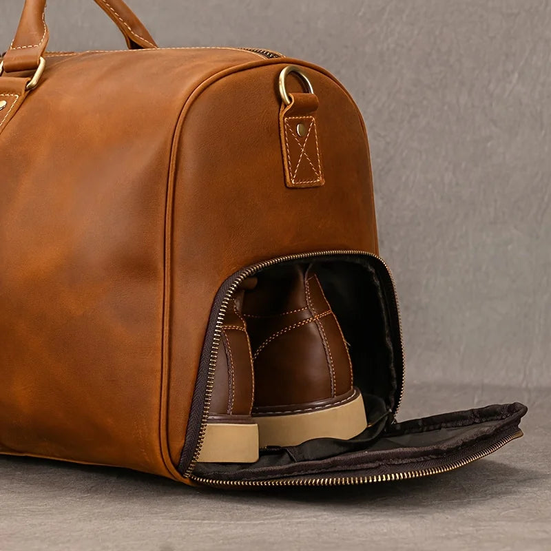 Crazy Horse Leather Real Leather Travel Bag Christmas Vacation Luggage Handbag Tote Bag Cowhide Real Leather with Shoe Compartment Travel Bag-6