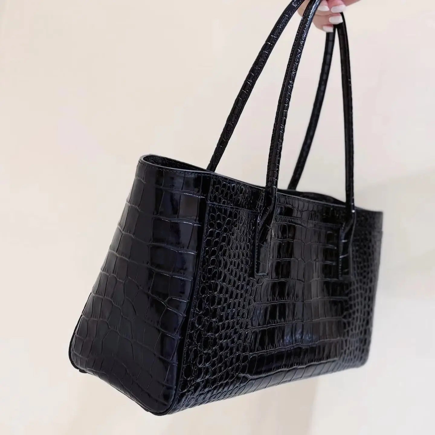 Glossy Black Croc Embossed Leather Tote Bag, Single Wide Top Handle Large Capacity Office Shoulder Purse, Luxury Designer Inspired Minimalist Business Women Daily Handbag