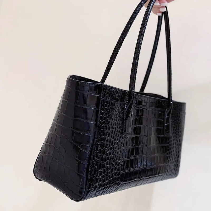 Glossy Black Croc Embossed Leather Tote Bag, Single Wide Top Handle Large Capacity Office Shoulder Purse, Luxury Designer Inspired Minimalist Business Women Daily Handbag-1