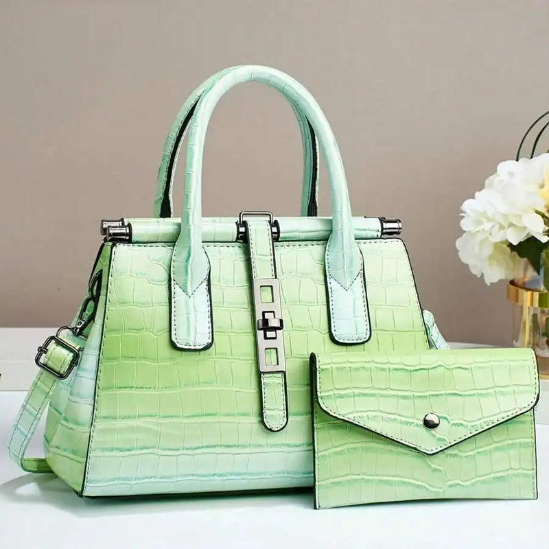Gradient Purple Pink Crocodile Pattern Women Handbag With Flap Wallet Set-4