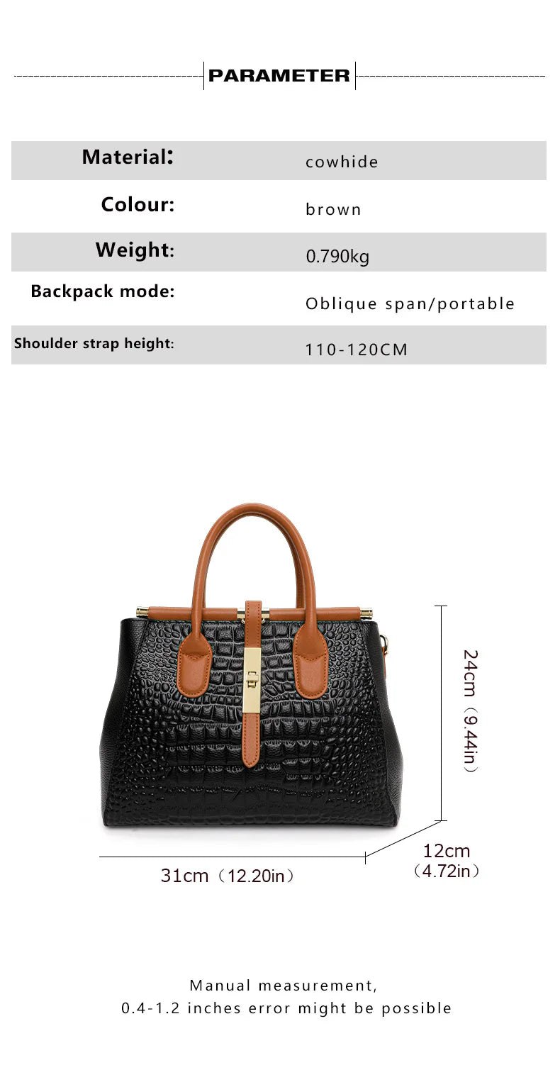 New Croc Pattern Cowhide Tote Bag Women Brown Contrast Handle Metal Lock Adjustable Crossbody Daily Handbag-9