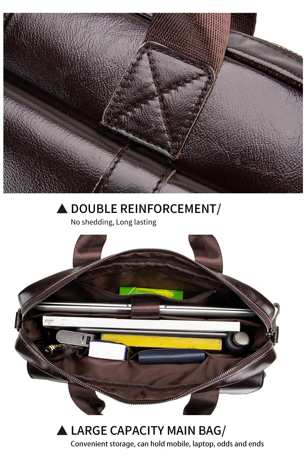 Genuine Leather Men Briefcase Double Front Pockets Large Capacity Laptop Bag Diagonal Cross Shoulder Handbag-19