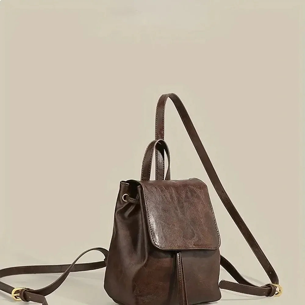 2025 Small Drawstring Flap Backpack Women Mini PU Leather Textured School Backpack Fashion Travel Commuter Bag Girl-9