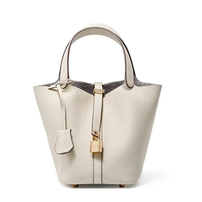 2025 Casual Fashion Female Genuine Leather Bucket Bag Luxury Handbag High-End Tote Bag Woman Cow Leather Mommy Bag & Metal Lock-42