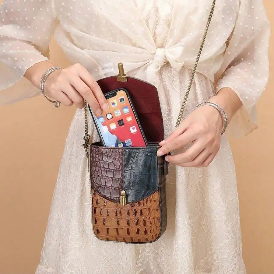 Genuine Leather Bag Female Niche New Ladies Crocodile Pattern Folk Style Shoulder Crossbody Personalized Casual Cowhide Splicing Chain Cell Phone Bag Commuter All Seasons-8