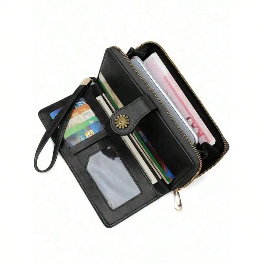 PU Leather Womens Long Wallet With Wrist Strap Large Capacity Coin Purse Card Holder Clutch Bag-4