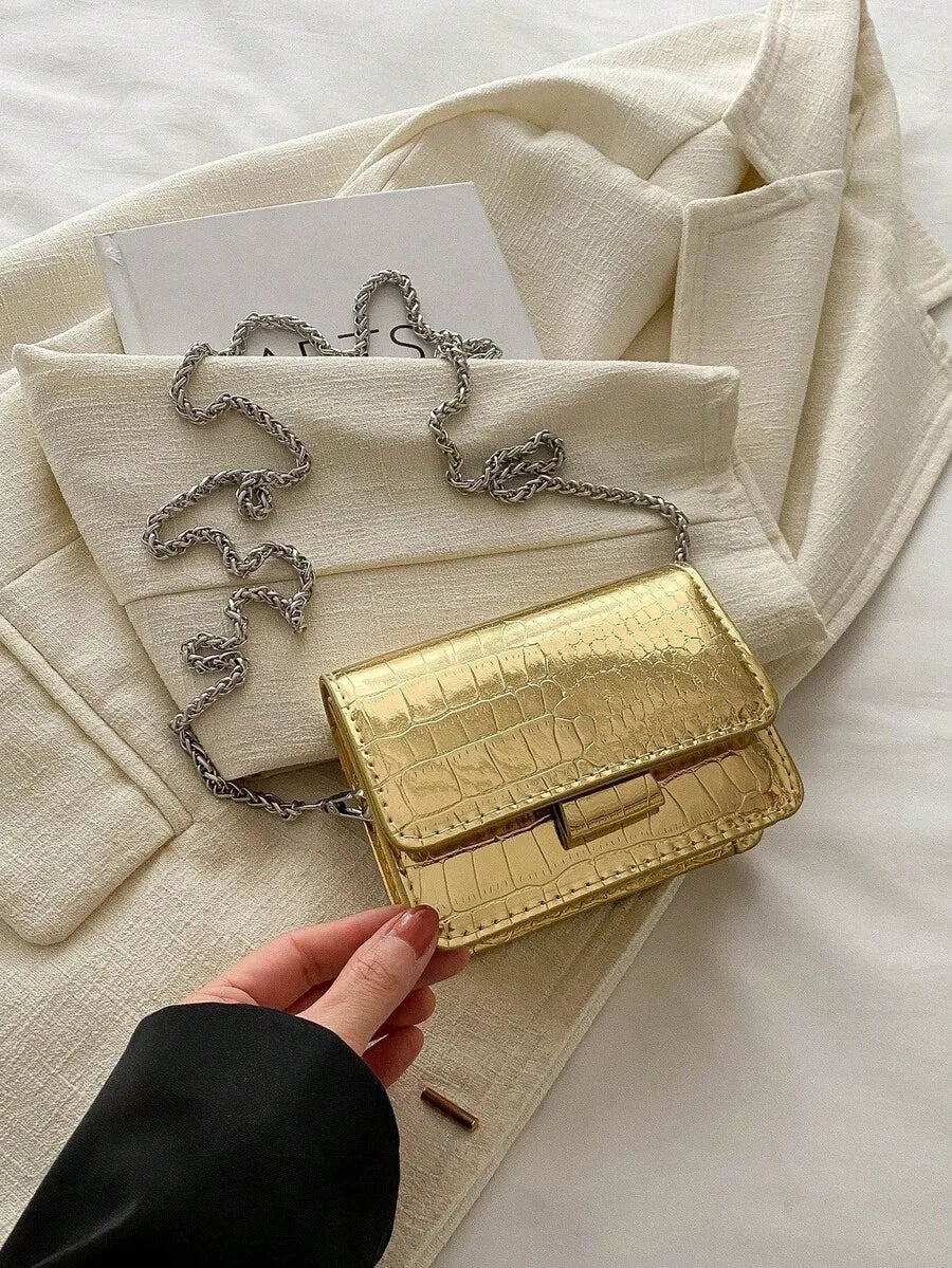 Mini Square Croc-Embossed PU Leather Crossbody Bag With Metal Chain Strap Flap Closure For Women