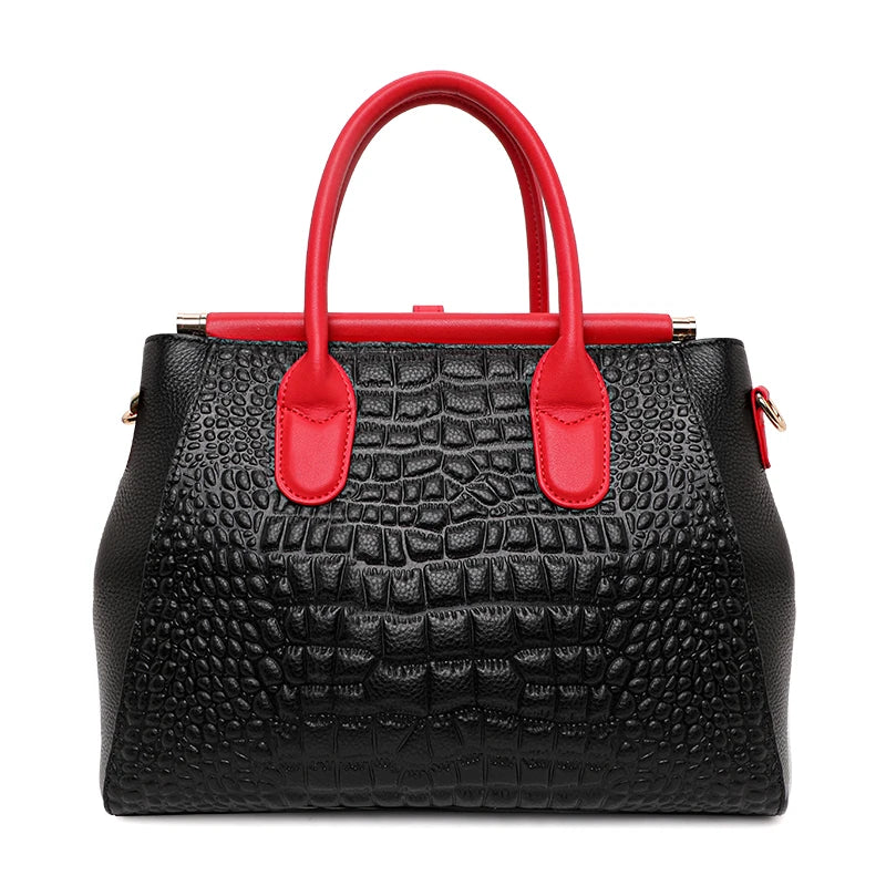 New Croc Texture Cowhide Tote Bag Women Red Contrast Handle Metal Lock Adjustable Crossbody Daily Handbag