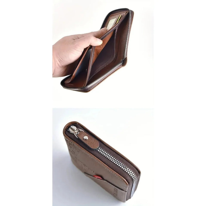 Men's Trendy Splicing Fashion PU Retro Wax Oil Leather Short Style Wallet Coin Pocket Card Clip Retro Style Compact Money Holder-14