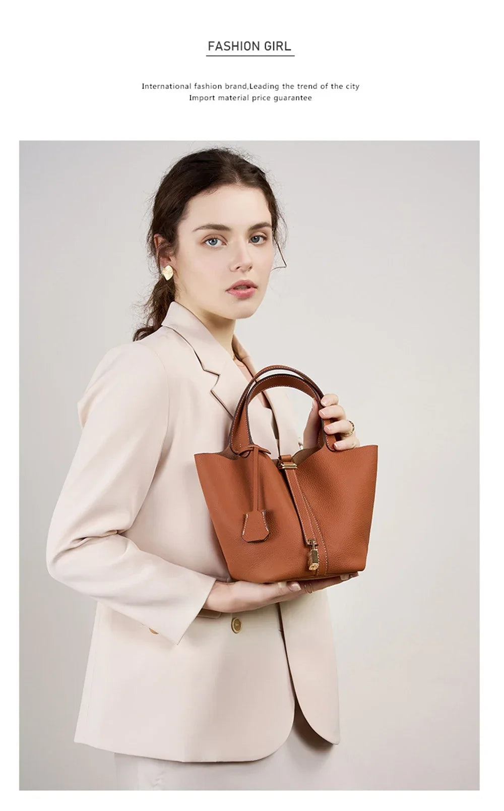2025 Casual Fashion Female Genuine Leather Bucket Bag Luxury Handbag High-End Tote Bag Woman Cow Leather Mommy Bag & Metal Lock-20