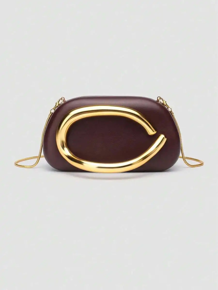 Burgundy PU Leather Clutch With Gold Tone Hardware Chain Strap Evening Bag For Party Wedding-8