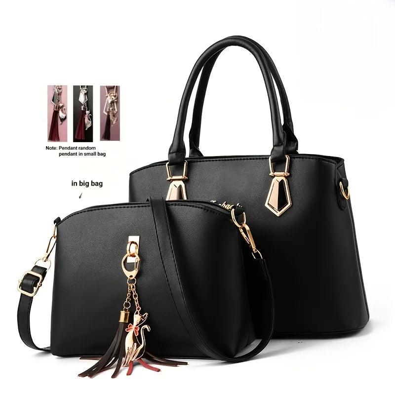 2Pcs Women Handbag Set Elegant Black PU Leather Large Capacity Tote Handbag Designer Small Crossbody Messenger Bag Ladies Wedding Party Shoulder Bags Gift For Women-14