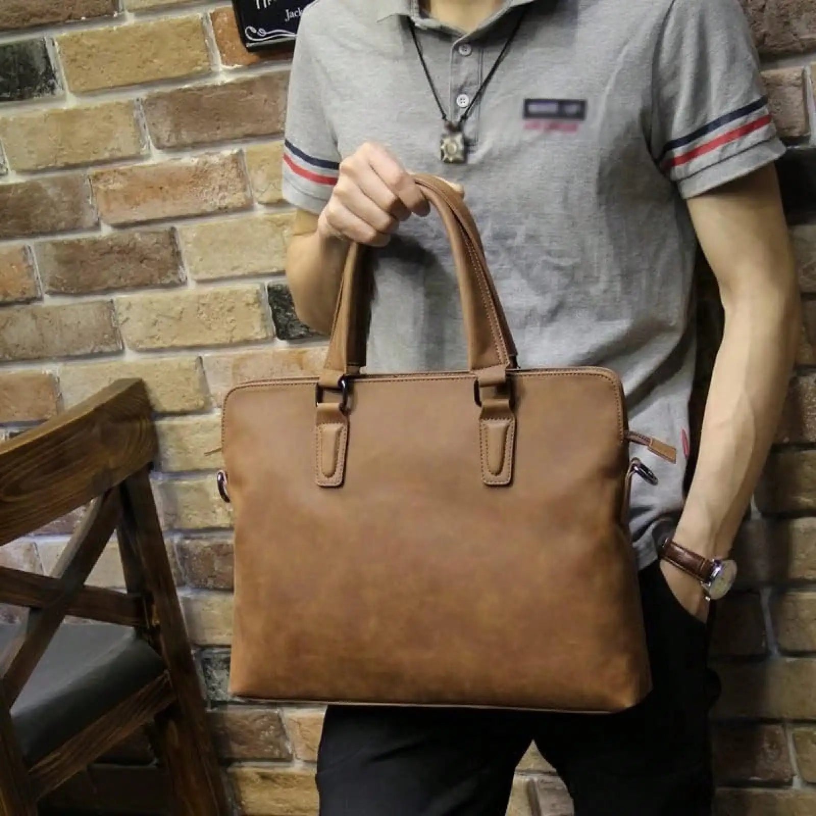 HBJWOV Leather Men's Briefcase Business Laptop Bag Handbag Men's Multifunctional Shoulder Bag-5