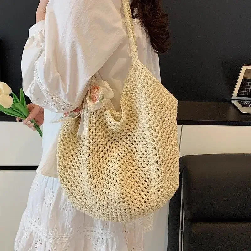 Handmade Wicker Tote Bag Large Capacity Single Shoulder Natural Rattan Casual Light Beach Vacation Daily Women Messenger Bag-10