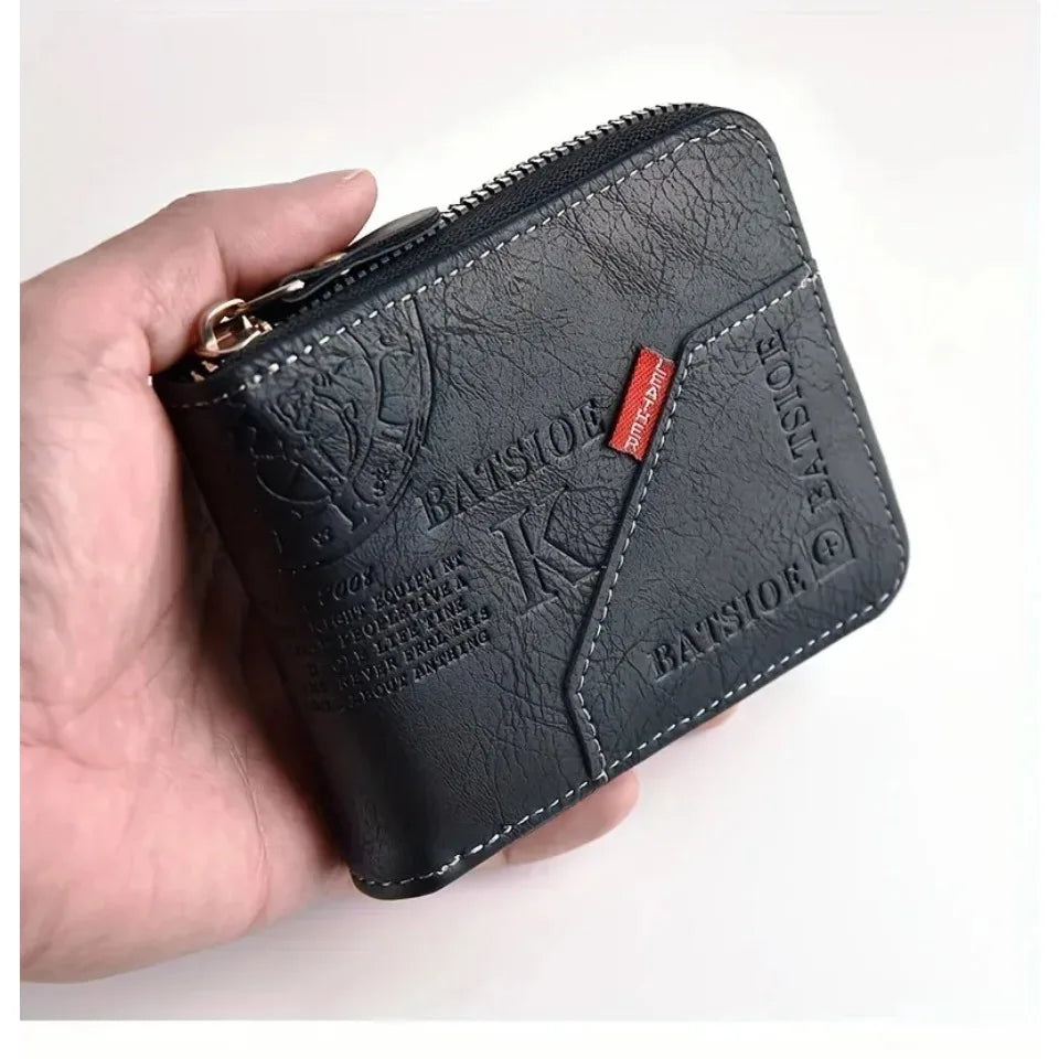 Men's Trendy Splicing Fashion PU Retro Wax Oil Leather Short Style Wallet Coin Pocket Card Clip Retro Style Compact Money Holder-20