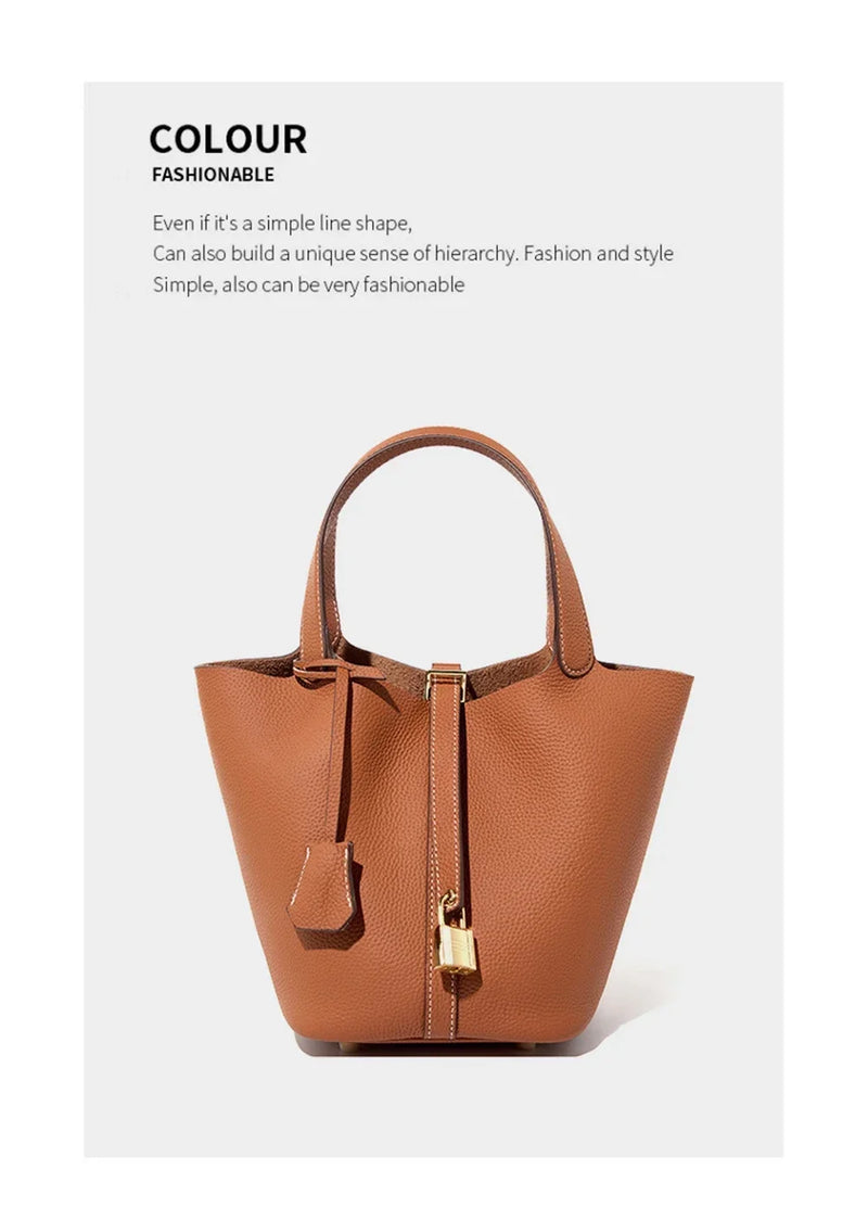 2025 Casual Fashion Female Genuine Leather Bucket Bag Luxury Handbag High-End Tote Bag Woman Cow Leather Mommy Bag & Metal Lock-32