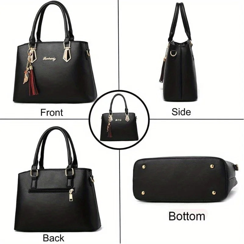 2Pcs Women Handbag Set Elegant Black PU Leather Large Capacity Tote Handbag Designer Small Crossbody Messenger Bag Ladies Wedding Party Shoulder Bags Gift For Women
