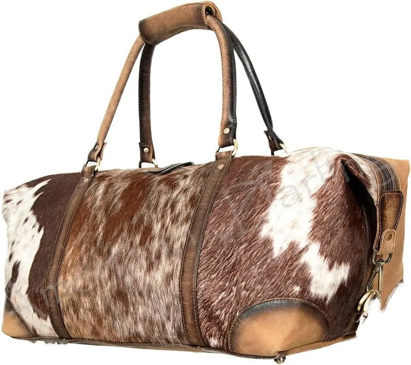 Hair On Cowhide Leather Duffel Bag, Genuine Vegetable Tanned Leather Travel Luggage, Overnight Weekend Trip Carry On Organizer, Portable Clothes Storage Container, Western Style-4