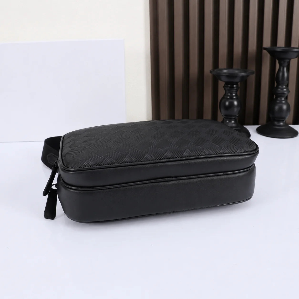 Luxury Designer Men's Mini Messenger Bag Genuine Leather Crossbody Shoulder Bag Woven Texture Business Casual Purse Black-12
