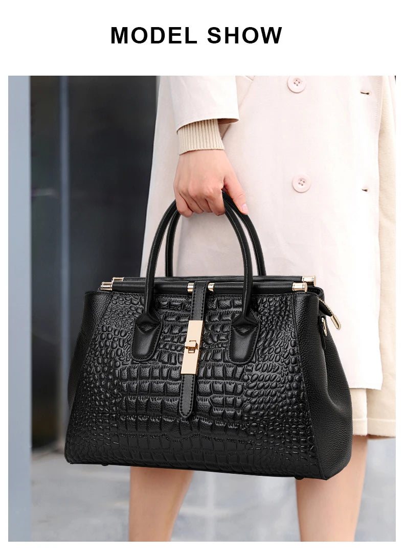Classic Black Croc Print Cow Leather Handbag Ladies Metal Twist Lock Tote Bag With Detachable Crossbody Shoulder Strap-7