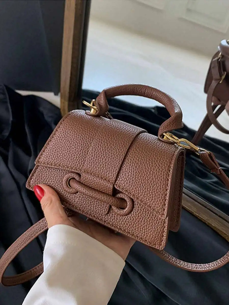 Brown Lightweight Business Casual Mini Crocodile Embossed Twist Lock Flap Square Handbag For Women-5