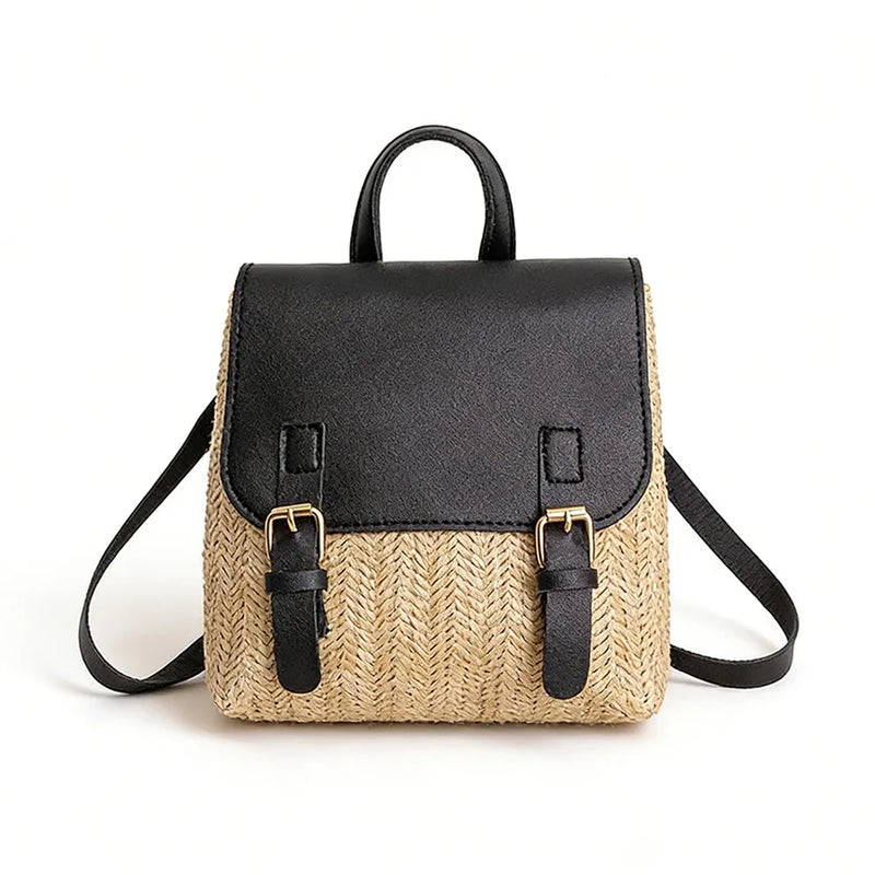 Fashion PU Leather Straw Backpack Retro Design Elegant Look Woven Backpack Luxury Vintage Style Satchel Bag All-match Style-19