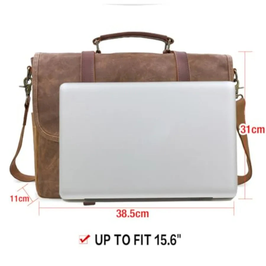 Mens Messenger Bag 15.6 Inch Waterproof Vintage Genuine Leather Waxed Canvas Briefcase Large Leather Computer Laptop Bag Rugged-13
