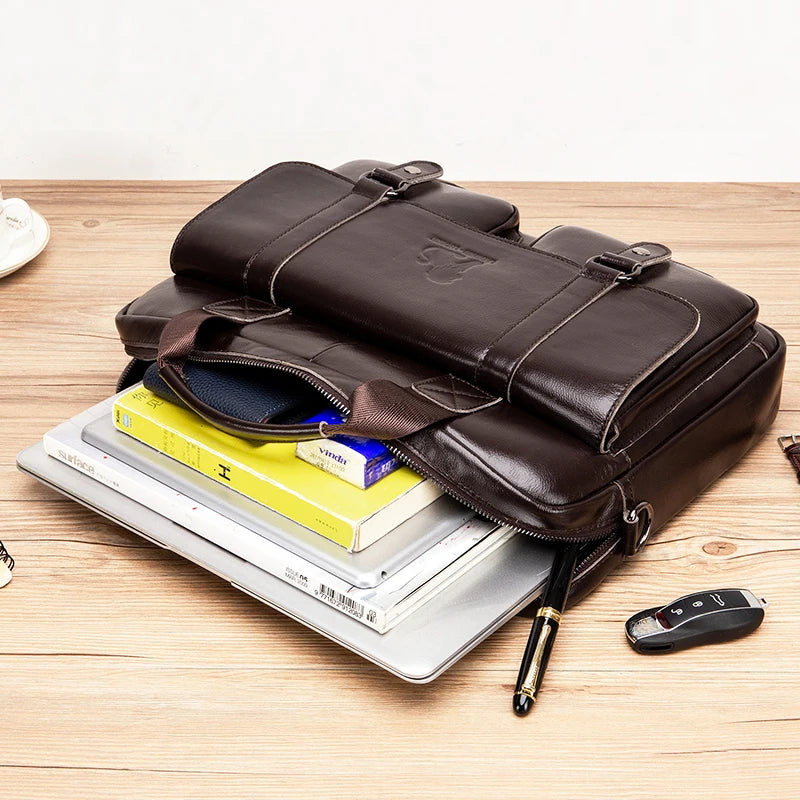Genuine Leather Men Briefcase Double Front Pockets Large Capacity Laptop Bag Diagonal Cross Shoulder Handbag-3