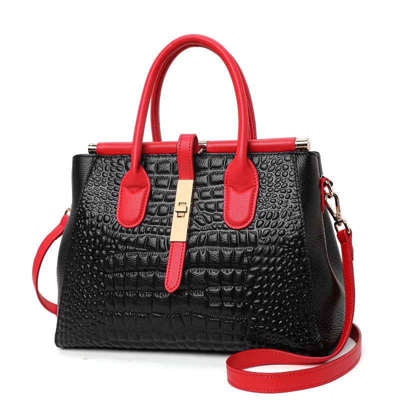 New Croc Texture Cowhide Tote Bag Women Red Contrast Handle Metal Lock Adjustable Crossbody Daily Handbag-1