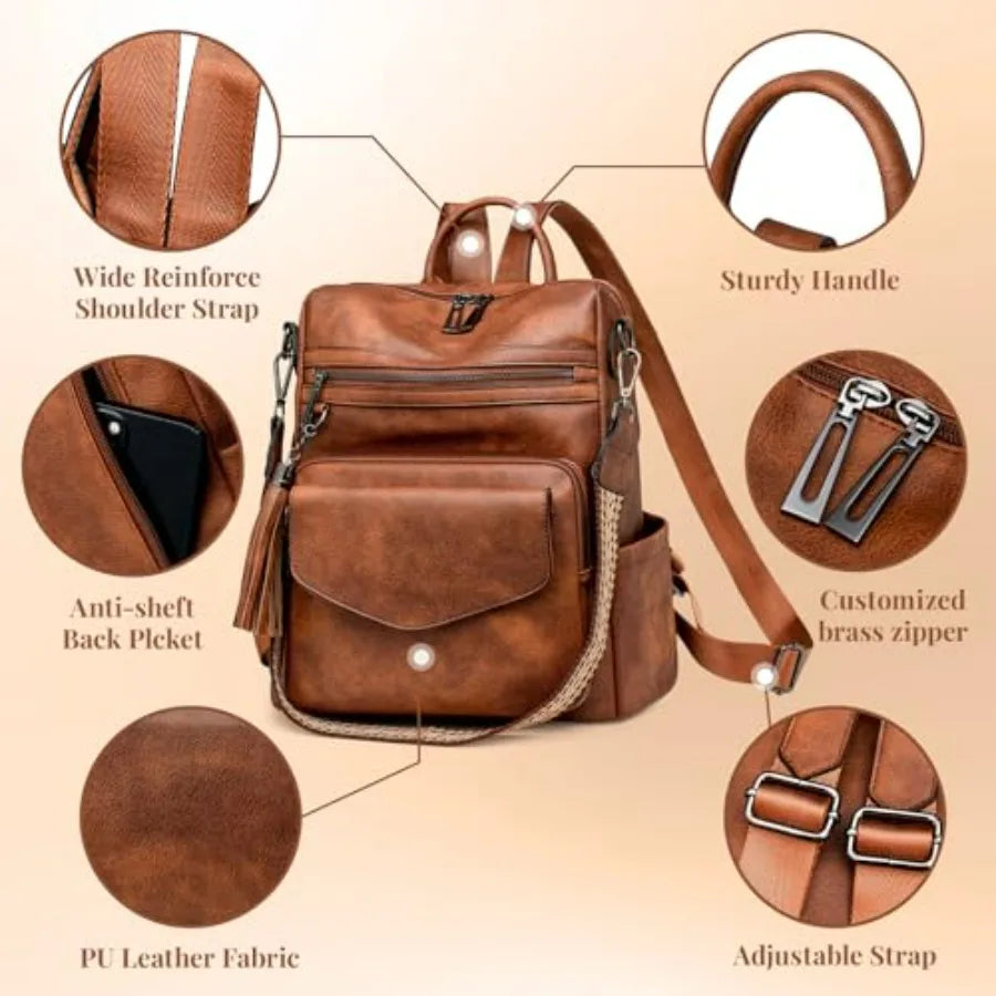 PU Leather Backpack Purse for Women Anti-theft Ladies Shoulder Bag Handbag Suitable for Work, Travel, and Daily Use Brown-5