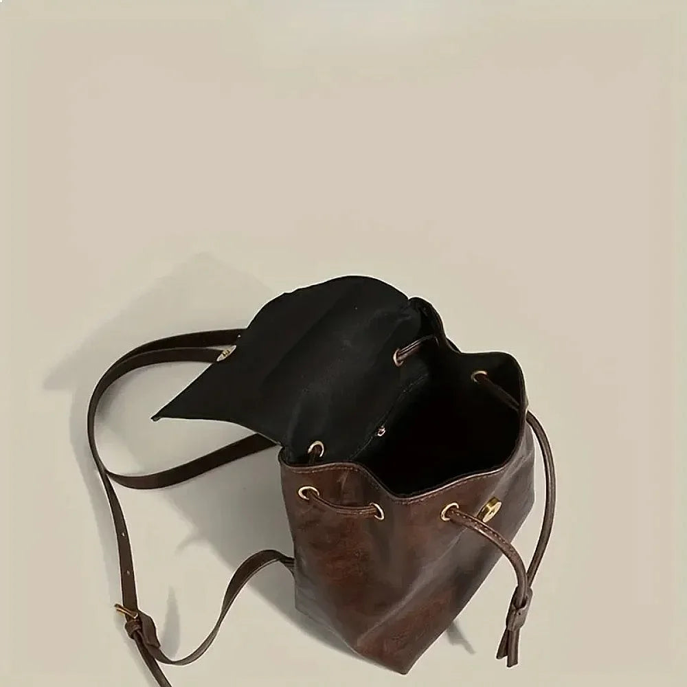 2025 Small Drawstring Flap Backpack Women Mini PU Leather Textured School Backpack Fashion Travel Commuter Bag Girl-8