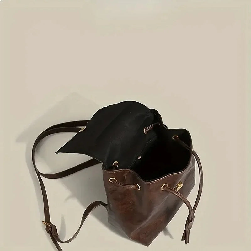 2025 Small Drawstring Flap Backpack Women Mini PU Leather Textured School Backpack Fashion Travel Commuter Bag Girl-2