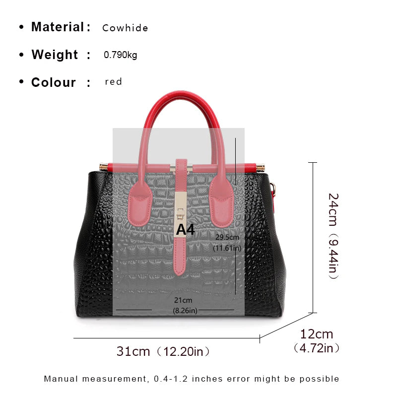 New Croc Texture Cowhide Tote Bag Women Red Contrast Handle Metal Lock Adjustable Crossbody Daily Handbag-6