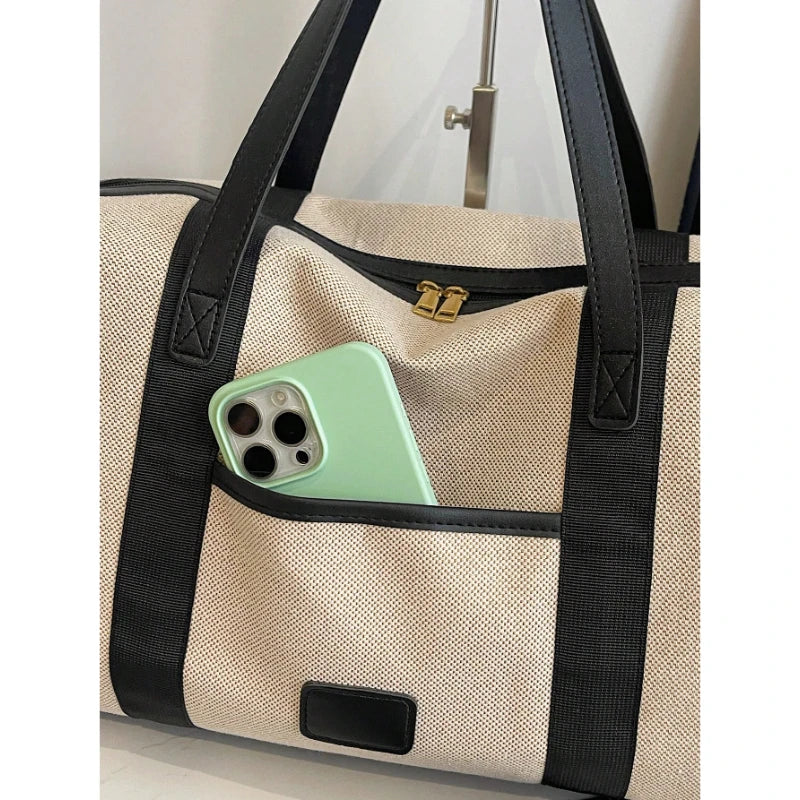 Large Duffel Bag Travel Contrast Color Boston Shoulder Bag Black Brown Beige for Luggage Suitcase-12