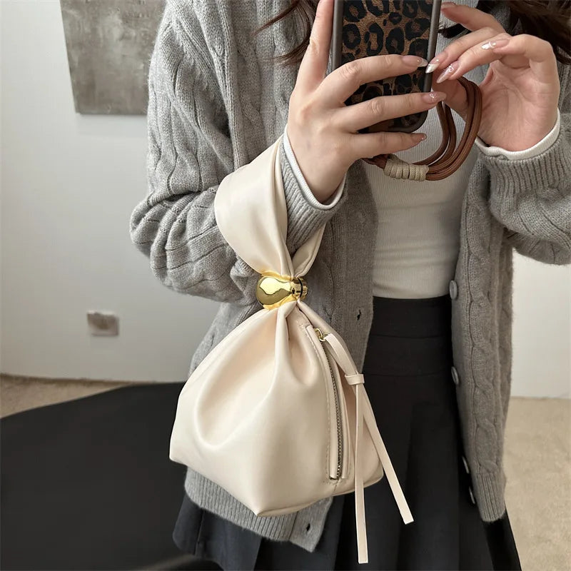 Design Mini PU Leather Dumpling Niche Clutch Bags for Women Fashion Knotted Female Retro Shoulder Bag Wrist Handbags and Purses-14