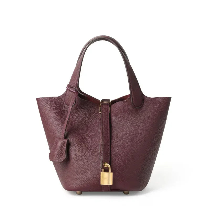 2025 Casual Fashion Female Genuine Leather Bucket Bag Luxury Handbag High-End Tote Bag Woman Cow Leather Mommy Bag & Metal Lock-38
