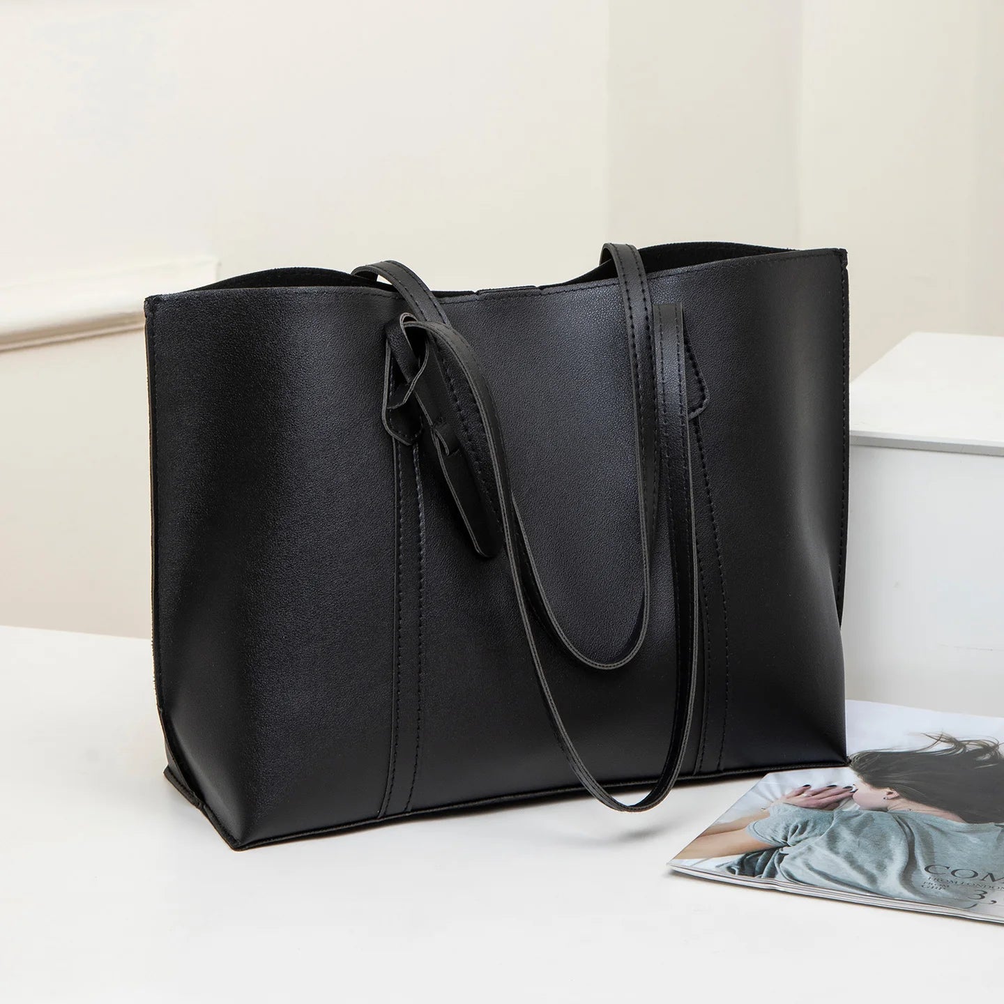 Tote Bag Solid Plain Lightweight Large Capacity PU Leather Shoulder Handbag Portable Travel Daily Women-14