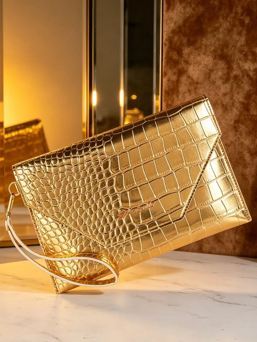 Gold Crocodile Texture Envelope Clutch for Women, Shiny Metal Bar Shoulder Strap, Fits Phones & Coins, Great for Dates, Commutes, Beach, Weddings & Parties-3